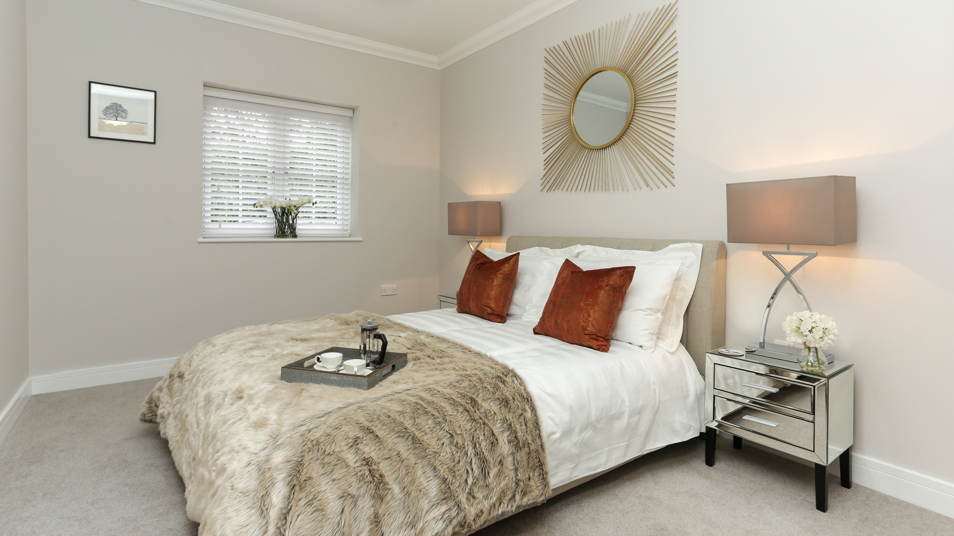 Cobnut Park plot 6 bedroom with a coffee set on the bed.