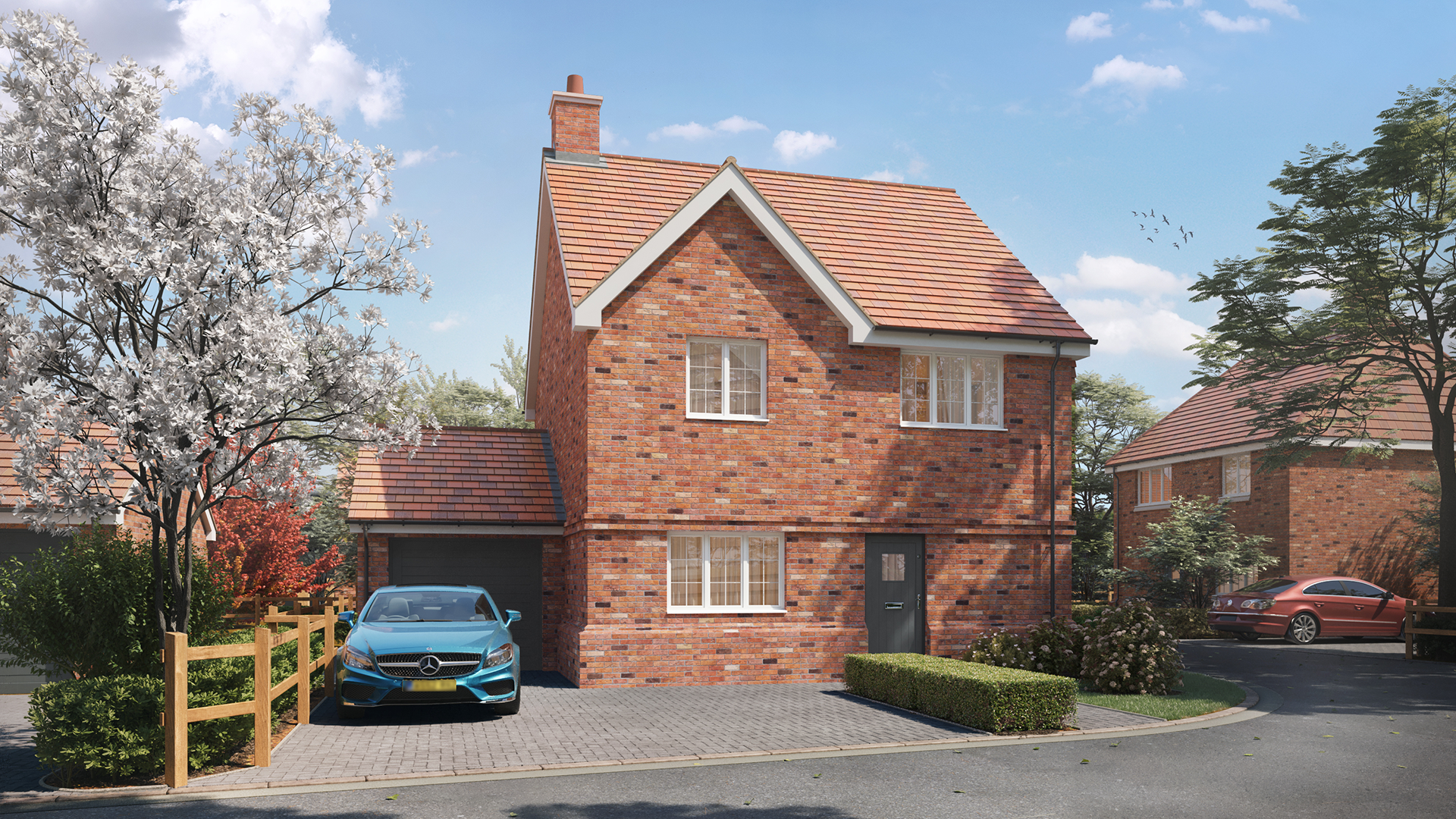 CGI of detached brick house with garage, blue car on drive, and hedge