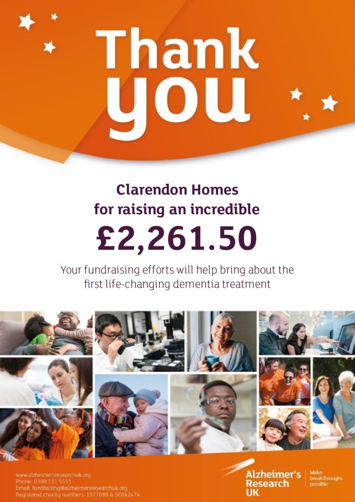 Total raised for Alzheimer's Research UK by Clarendon Homes in 2022, £2261.50