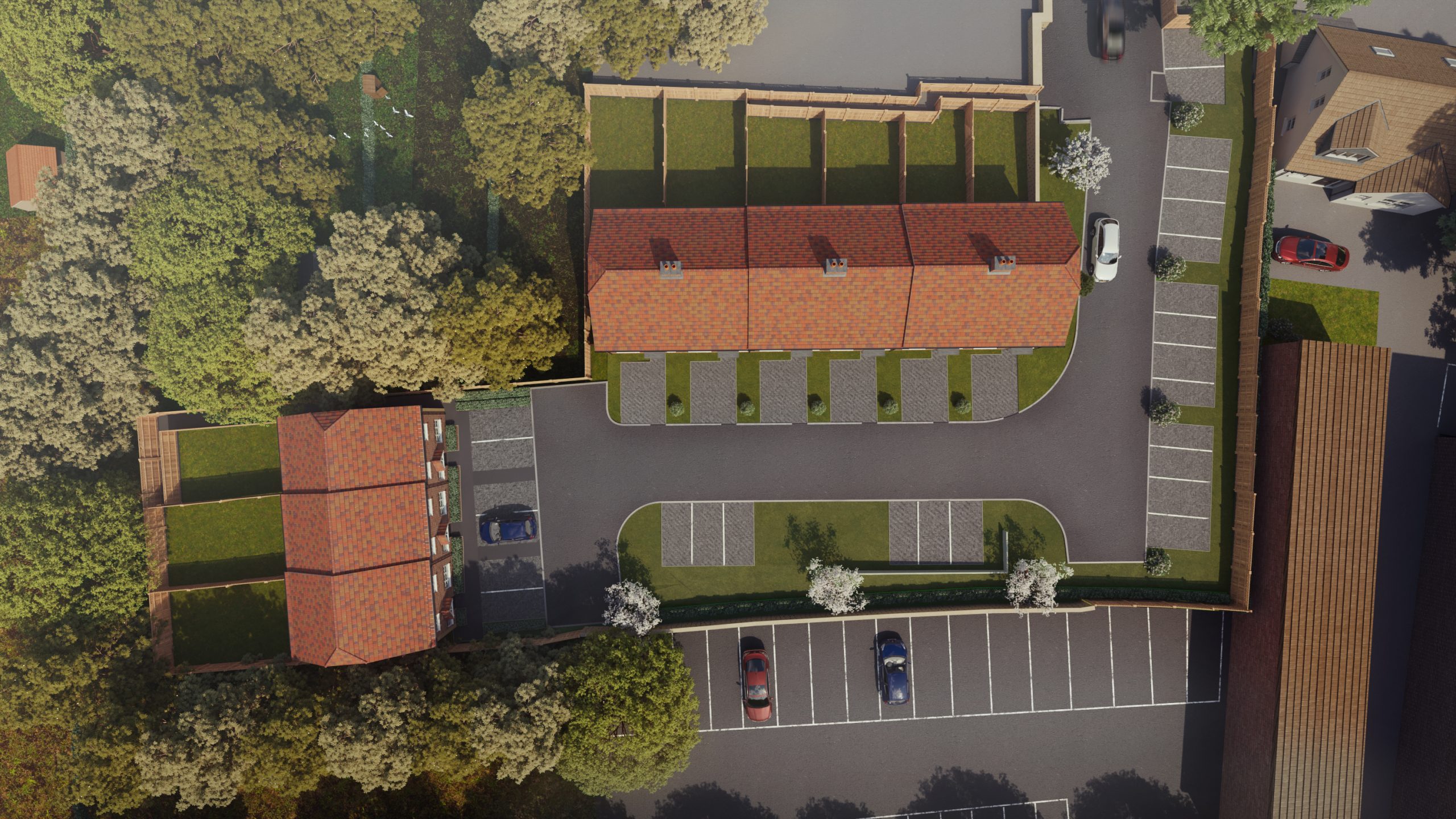 Aerial view CGI of a new build housing development of terraced houses