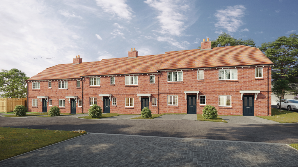 CGI of a row of terraced houses with red brick