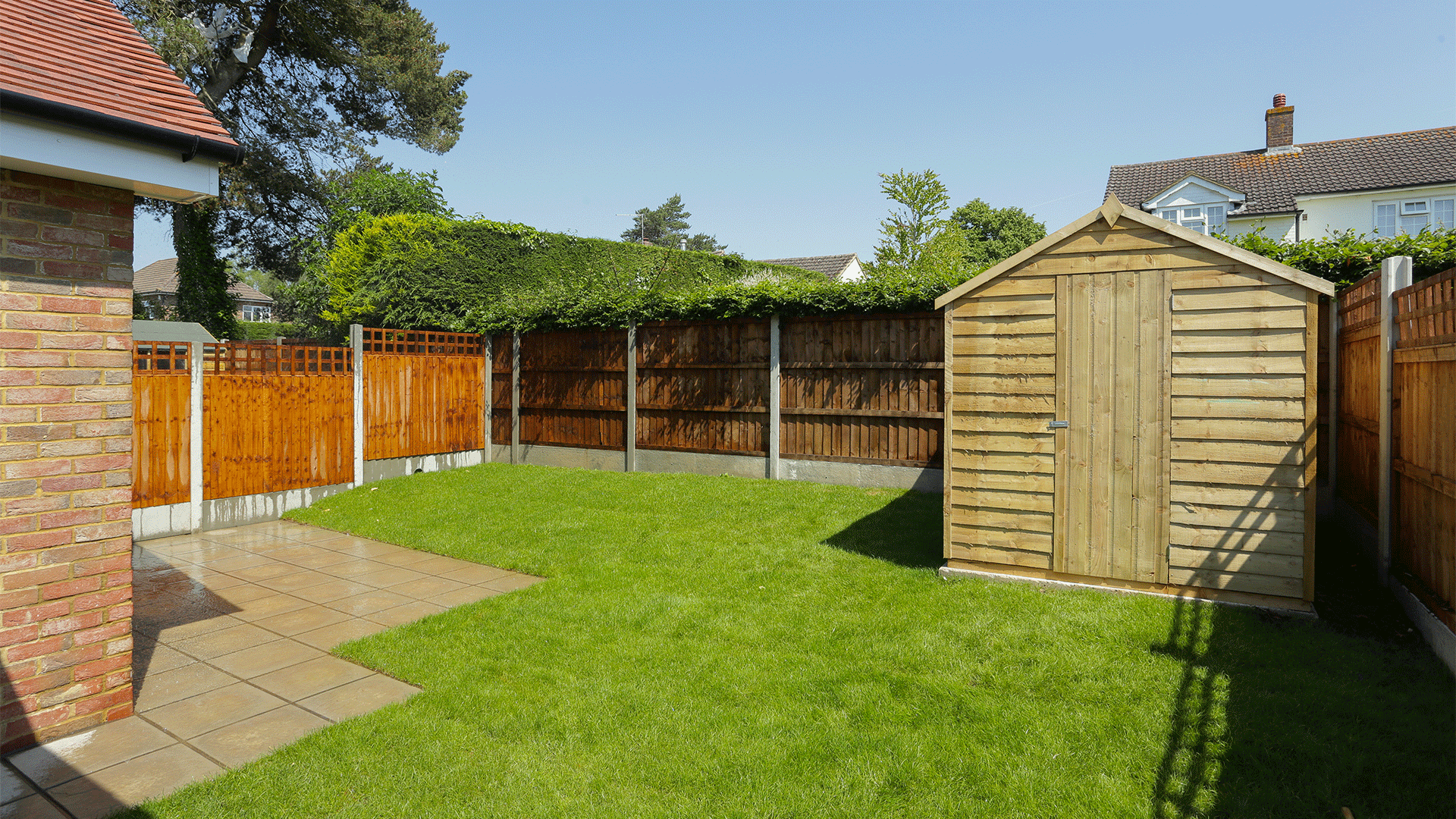 New build bungalow landscaped garden with a shed at Miller's Meadow plot 10