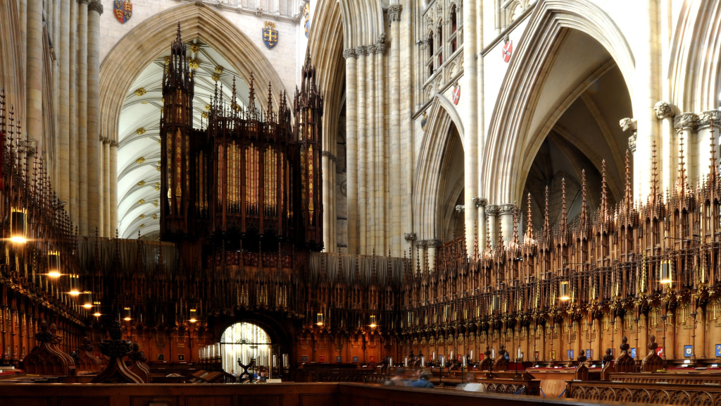 The interior of Canterbury Cathedral, including seats
