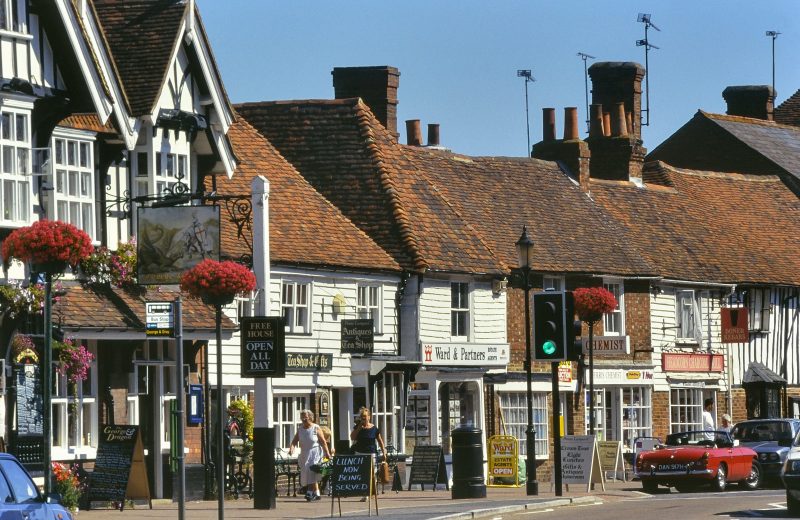 headcorn high street with shops and blue sky
