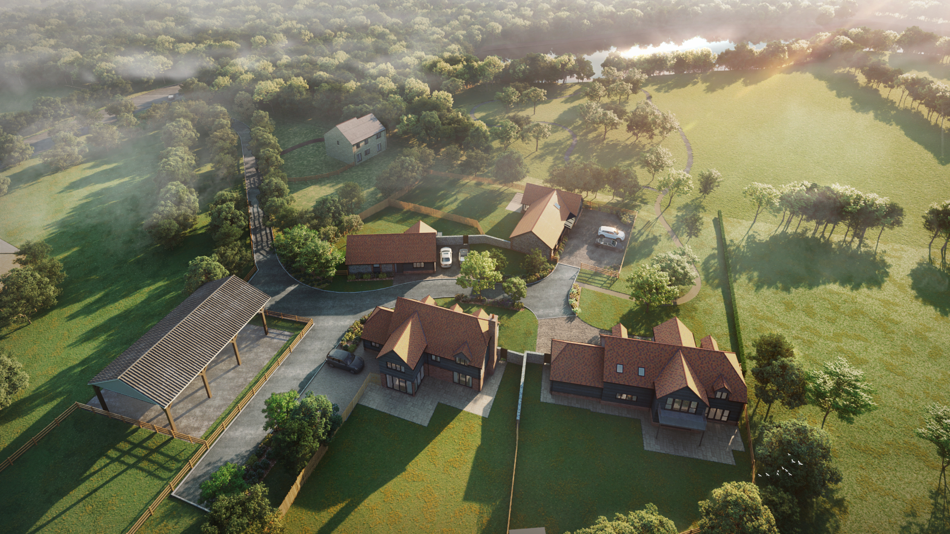 Aerial CGI of a new build housing development, of 2 houses and 2 bungalows