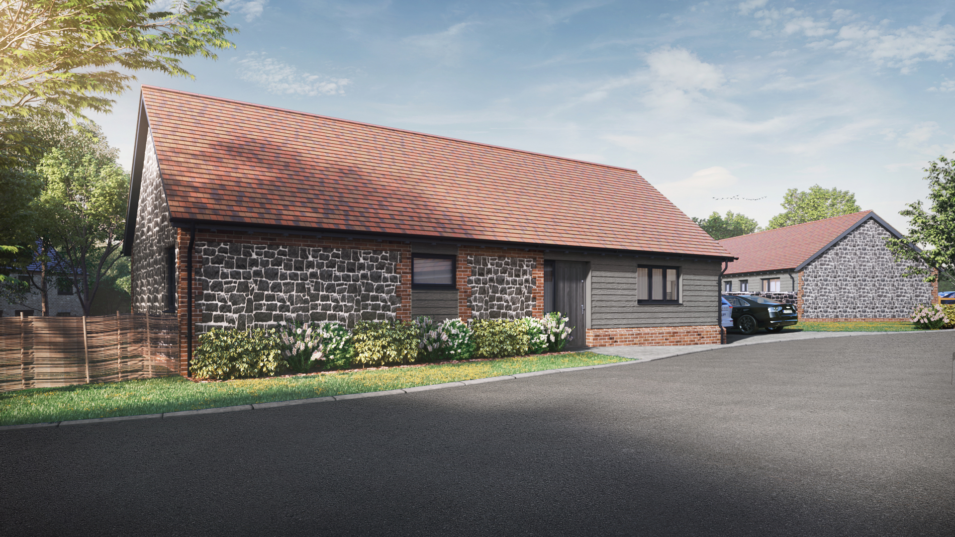 CGI of bungalow with red roof tiles, and grey cladding/stone work