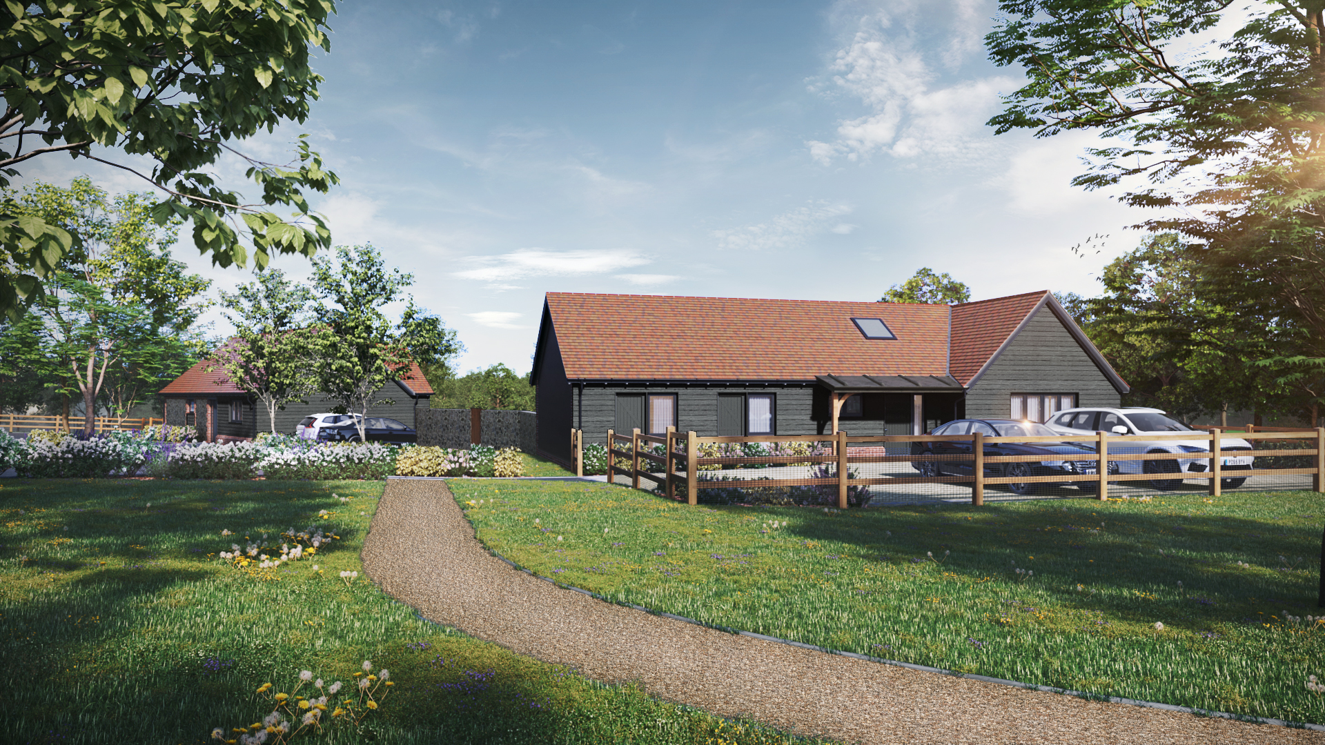 CGI of bungalow with red roof tiles, and grey cladding. A path with grass either side leading up to it, and picket fence surrounding drive.