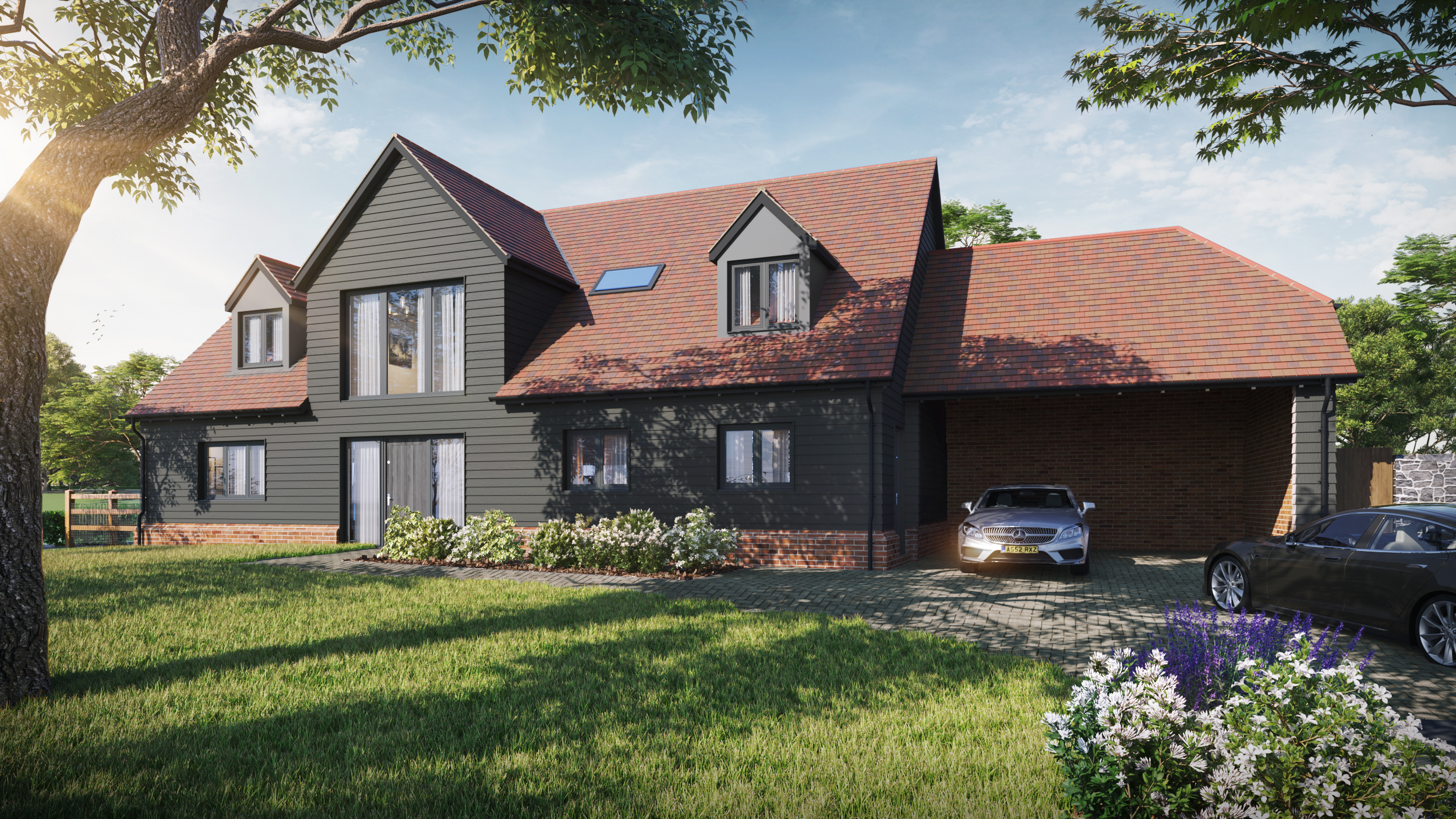 A CGI of a detached house with red roof tiles and grey cladding.