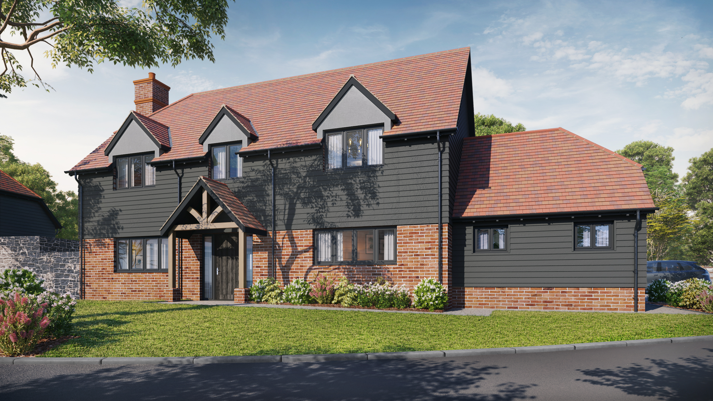 CGI of Detached house with red roof tiles and grey cladding.