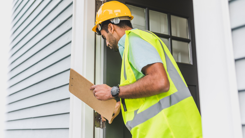 A man inspecting a house for a snagging process and looking at a door hinge with a clip board in hand and a hard helmet and hi vis vest. 