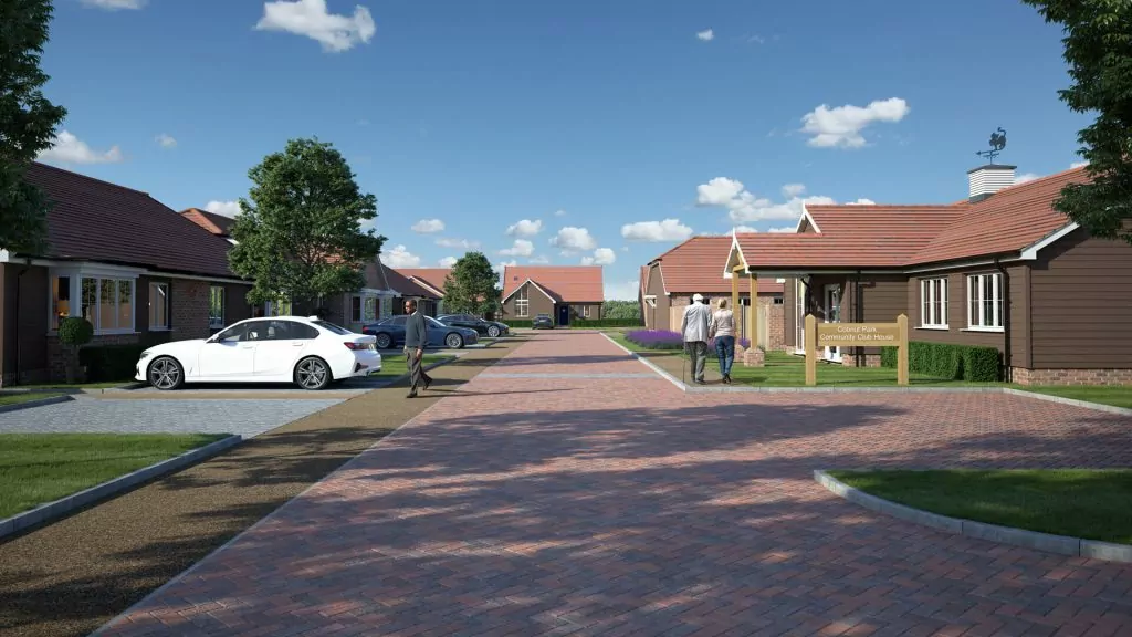 CGI of a brown brick road with bungalows